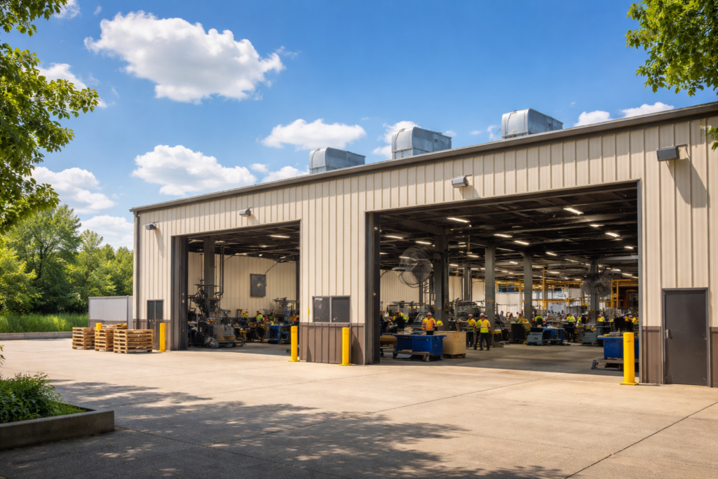 Industrial warehouse under a summer sky